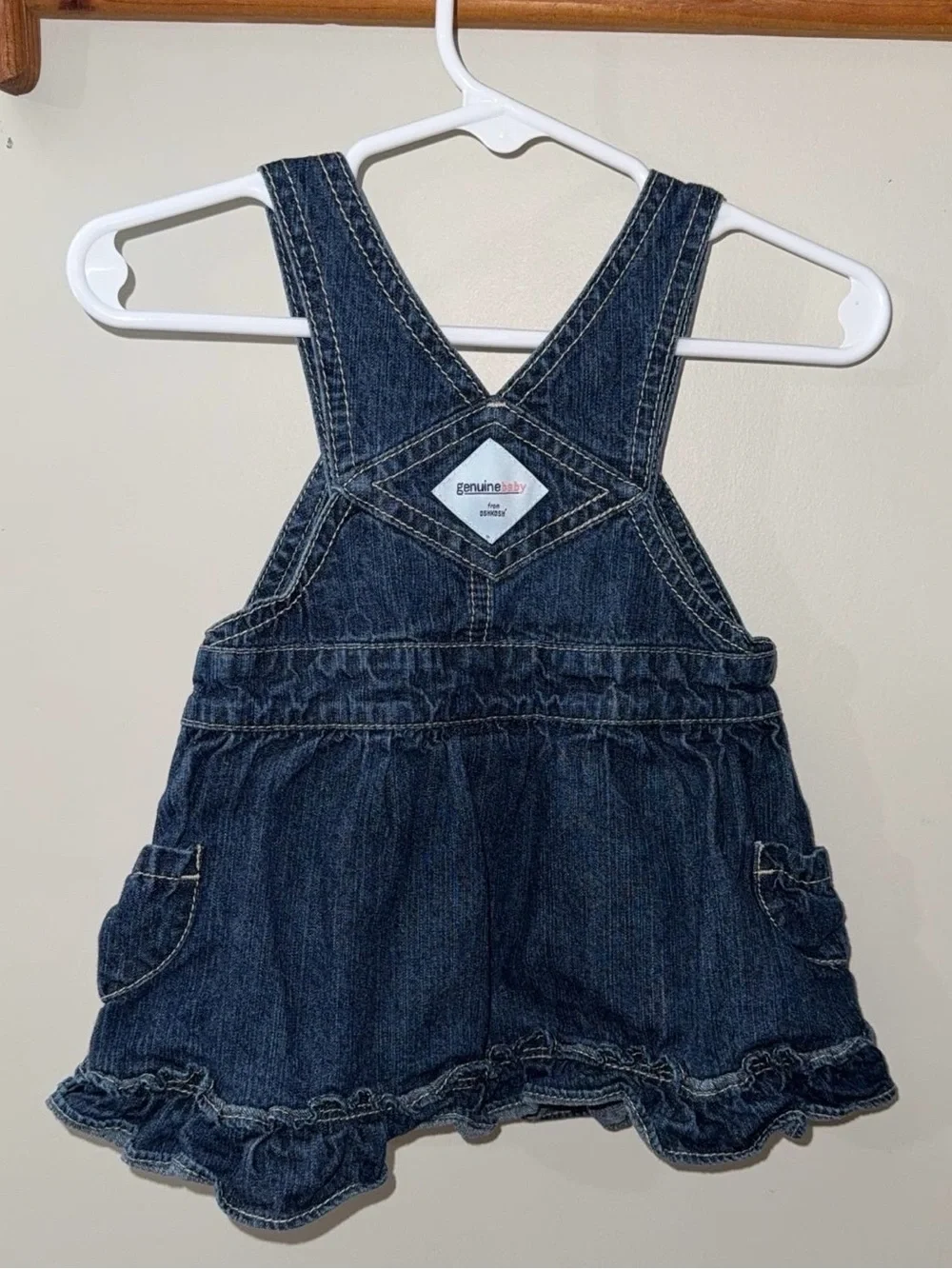 Vintage OshKosh Baby Girl Denim Overall Jumper Dress Embroidered Floral 6 Months